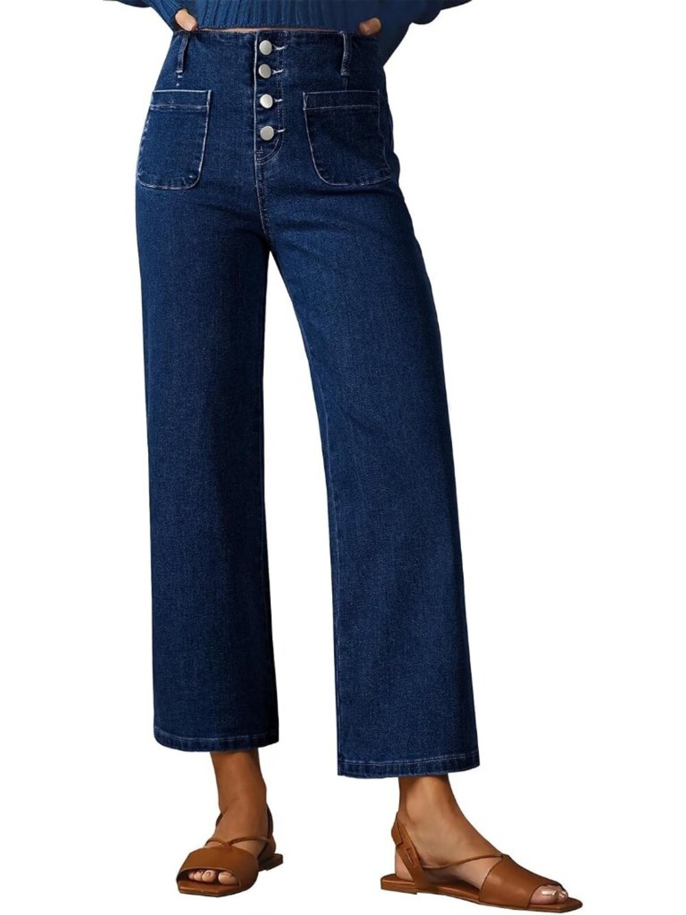 Women's Bluing High Waisted Jeans Stretchy Denim Pant Casual Wide Leg Jeans